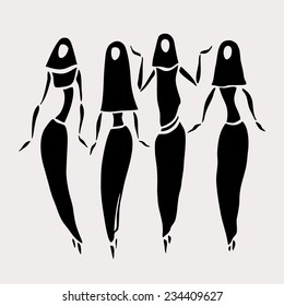 East women in veiled. Beautiful silhouette. Vector illustration.