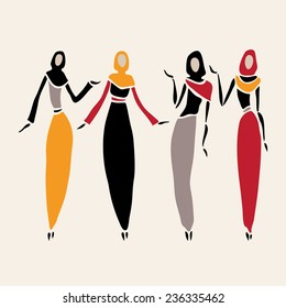 East women in veiled. Beautiful silhouette. Vector illustration.