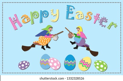 Easte Greetings with traditional swedish Whitches flying on broomsticks and colored easter eggs, vector illustration