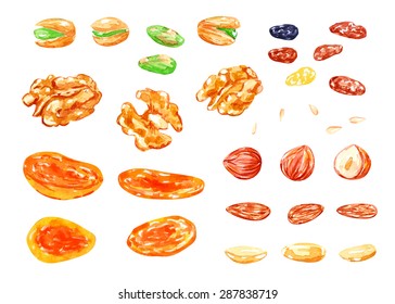 Easten sweets. Nuts and dried fruits. Vector watercolor illustration. Halal food. Isolated elements for easy use.