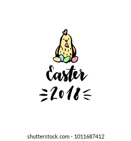 Easter 2018. Card with chicken and eggs.Vector illustration.