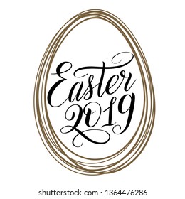Easter 2019. Black cursive in golden egg shaped frame. Holiday script lettering. Design element. Calligraphic hand written inscription. Vector illustration.