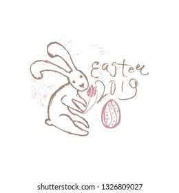 Easter 2019. Vector illustration imitating pencil drawing. Easter bunny, inscription and easter egg.