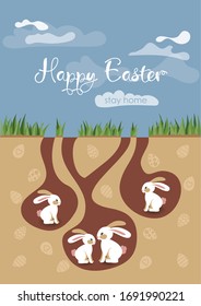 Easter 2020. Rabbits stay home during the holidays because of coronavirus(covid-19) quarantine. Vector greeting card for Easter.