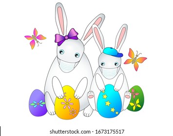 Easter 2020. Two little Easter rabbits in medical masks against a coronovirus. Cute rabbits girl and boy with painted eggs and butterflies are protected from infection. Easter during the epidemic