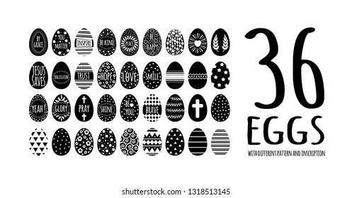 easter 36 eggs collection with black geometry pattern and different inscription.  