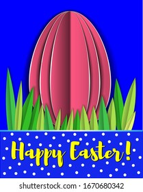 Easter 3d card with paper egg and realistic green grass 