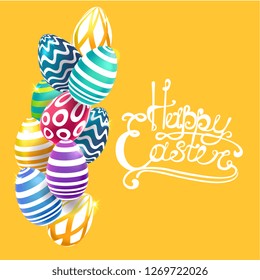 Easter, 3D colorful, decorative eggs, on yellow background, vector illustration