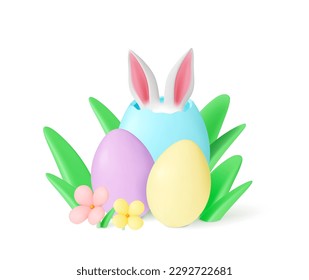 Easter 3d composition with eggs, flowers and grass. Spring festival, bunny ears in color egg. Floral seasonal isolated realistic vector scene