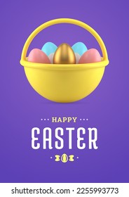 Easter 3d greeting card basket full of painted chicken eggs design template realistic vector illustration. Happy religious holiday traditional congratulations eggshell treat festive celebrate decor