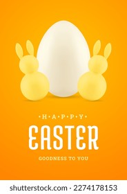 Easter 3d greeting card chicken egg tiny rabbit bauble holiday design template realistic vector illustration. Bunny toy painted eggshell religious festive congratulations Christianity celebration