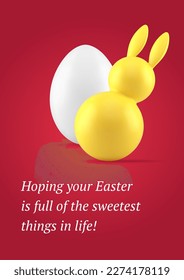 Easter 3d greeting card religious holiday congratulations bunny chicken egg design template realistic vector illustration. Rabbit bauble Christianity traditional celebration event festive decor