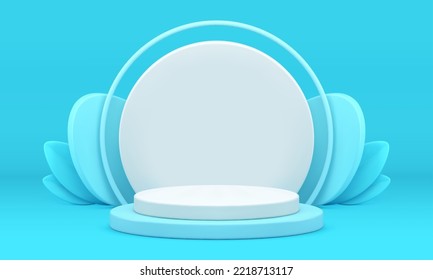 Easter 3d pedestal blue cylinder stage product performance holiday celebration realistic vector illustration. Round podium scene foundation festive chicken eggs spring leaves decor element design
