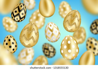 Easter 3D realistic golden eggs on blue gradient background. Holiday vector illustration