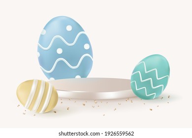 Easter 3D rendering product backdrop vector with painted eggs