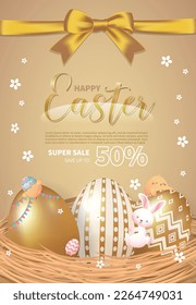 Easter 50% OFF sale event poster with golden ribbon, bird nest, golden eggs, rabbit and chick