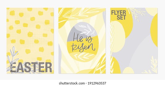 Volante de Pascua 5x7 y plantilla de tarjeta con fondo vectorial abstracto amarillo y gris. Diseño moderno con manchas, ramas de árboles y formas de huevo.