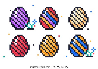 Easter 8bit eggs. Pixel painted eggs icons, chicken pixel art arcade game elements, spring holiday egg hunt game flat vector illustration set. Pixel Easter eggs on white background