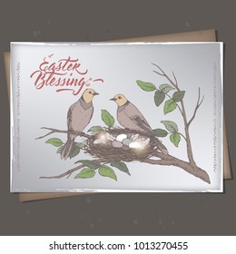 Easter A4 format color greeting card with two birds and nest with eggs. Based on hand drawn sketch and brush calligraphy. Great for holiday design.