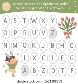 Easter ABC game with cute characters. Spring alphabet maze activity for preschool children. Choose letters from A to Z to help the girl get to the flowers