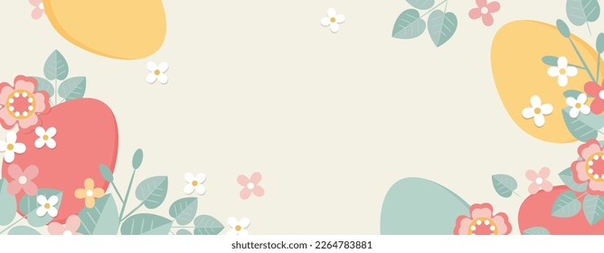 Easter abstract background in flat style with pastel spring flowers and eggs. Vector illustration