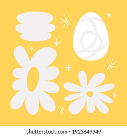 Easter abstract composition with egg textured shape, simple flowers and stars. Contemporary seasonal vector design. Trendy yellow background.