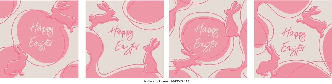 Easter abstract square post templates with bunny. Cute vector backgrounds in flat style for social media posts, mobile apps, cards, invitations, banner design and web ads. Vector illustration