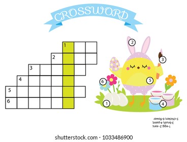Easter activity. educational children game. Crossword with answer. Printable puzzle for toddlers. Cute chicken painting eggs