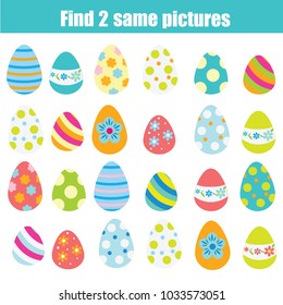 Easter activity. Find the same pictures. Children educational game. Find pair of easter eggs for toddlers