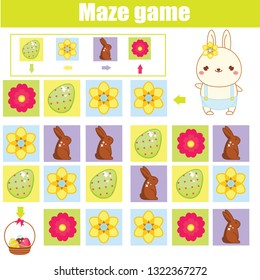 Easter activity for kids. Maze game. Labyrinth with navigation. Help easter rabbit find eggs. Fun activity for pre school kids and toddlers. learning left, right, up and down.