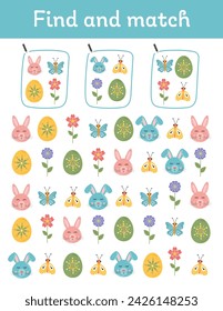 Easter activity page for kids. Printable Easter worksheets with bunny, eggs, flowers. Matching game for kids.. Preschool kindergarten educational Montessori activity. Learning, early development game.