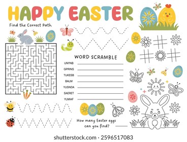 Easter activity placemat for kids, kids coloring page, party games. Holiday table activity for Easter party. Easter activity mat, logical games, maze, tracing lines. Easter worksheet for preschool.