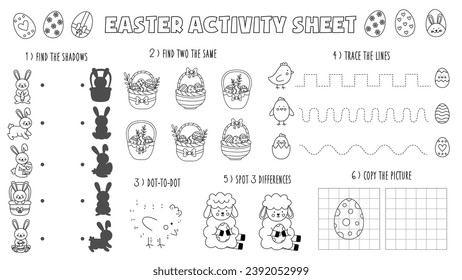 Easter activity worksheet for kids. Winter activity page. Easter black and white placemat for children.