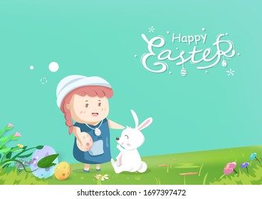 Easter, adorable girl and cute rabbit playing in garden, cartoon character greeting card holiday invitation, kid background vector illustration