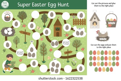 Easter adventure egg hunt board game for children with cute characters and traditional symbols. Educational spring holiday boardgame. Super fun activity with cut and glue elements