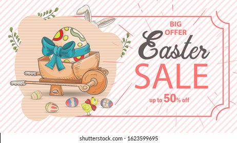 Easter advertising banner special offer sale, in the style of children's Doodle, wheelbarrow among colored eggs inscription and frame, vector EPS 10