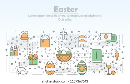 Easter advertising poster banner template. Easter basket, cake, eggs, bunny, church, bible, gift box etc. Vector thin line art flat style design elements, icons for web banner and printed materials.