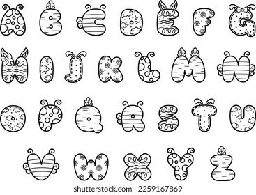 Easter alphabet theme set with cute drawing sketches for coloring