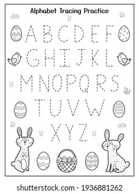 Easter Alphabet Tracing Worksheet. Educational activity and coloring page for kids. Handwriting practice. Vector illustration