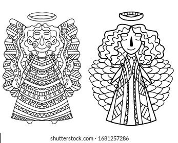 Página de colorear ángeles de Pascua para niños y adultos. Conjunto de dos ángeles guardianes que vuela y reza la ilustración vectorial de las existencias. Caricatura detallada de personajes de cristiandad aislados en blanco. Una de una serie.