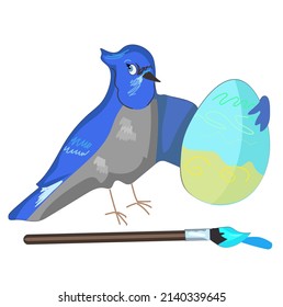 Easter Animals. Blue Jay Is Painting Eggs