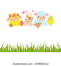 Easter animals border. Rabbit, hare, sheep, lamb, chicken blank banner. Cute vector illustration with with place for your text.