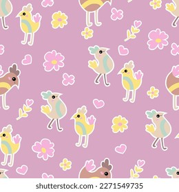 Easter animals characters pattern with chicks and flower. Flat vector cartoon design.