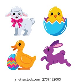 Easter animals clipart set with lamb chick duck and bunny, festival graphics for egg hunt flyers, party posters, classroom worksheets