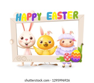 Easter animals - Happy cute bunny chicken and lamb celebrate Easter with social network photo frame - isolated on white background