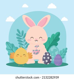easter animals poster with eggs over grass