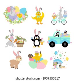 Easter animals set. Chick, rabbit, pug, penguin vector illustration on the white background.