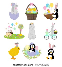 Easter animals set. Chick, rabbit, pug, penguin vector illustration on the white background.
