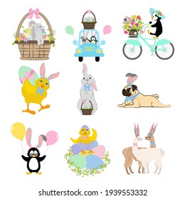 Easter animals set. Chick, rabbit, pug, penguin vector illustration on the white background.