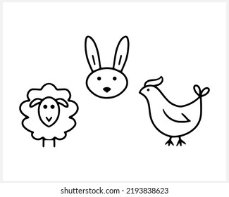 Easter animals set isolated Sketch coloring page book Hand drawn clip art Sticker vector stock illustration EPS 10